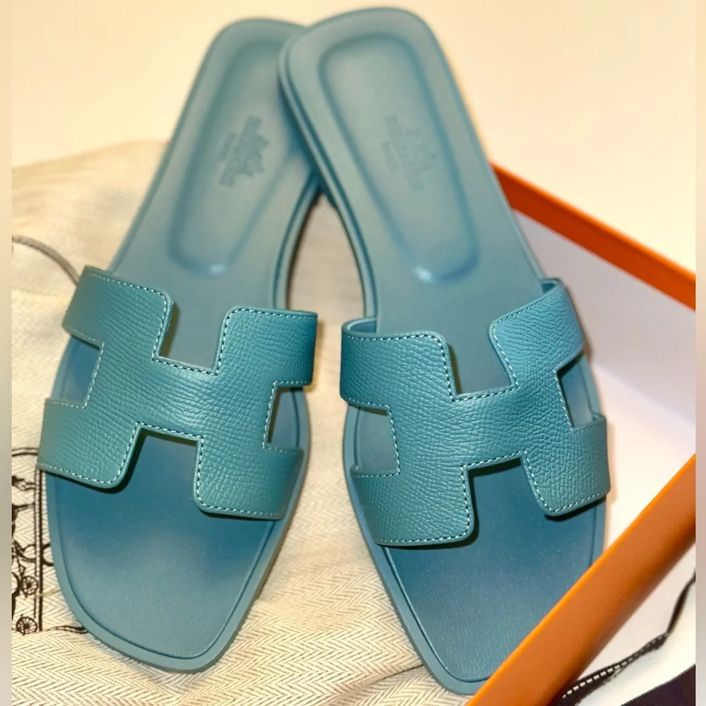 Brand New In Box Hermes blue mineral oran sandal 36.5 - Picture 4 of 6